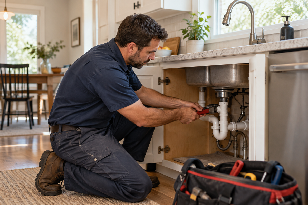 Plumber repairing a kitchen sink