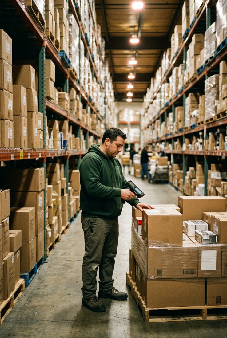 Warehouse worker scanning boxes